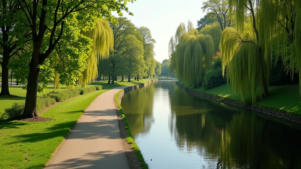 Spokojny kanał z wyasfaltowaną ścieżką towpath dla spacerujących