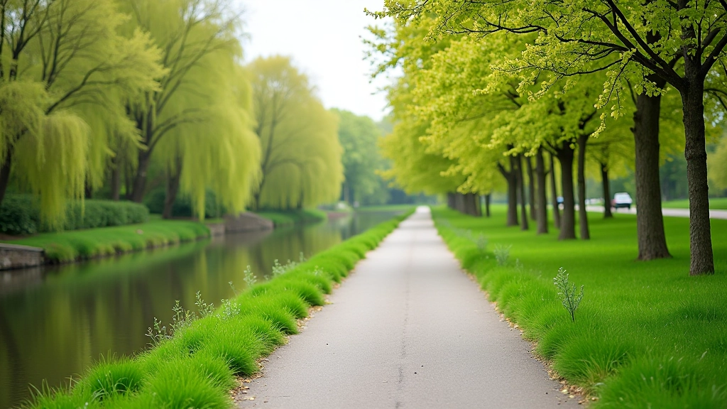 Kanał Augustowski w Polsce, ścieżka towpath z równą nawierzchnią asfaltową, wiosenna roślinność wokół