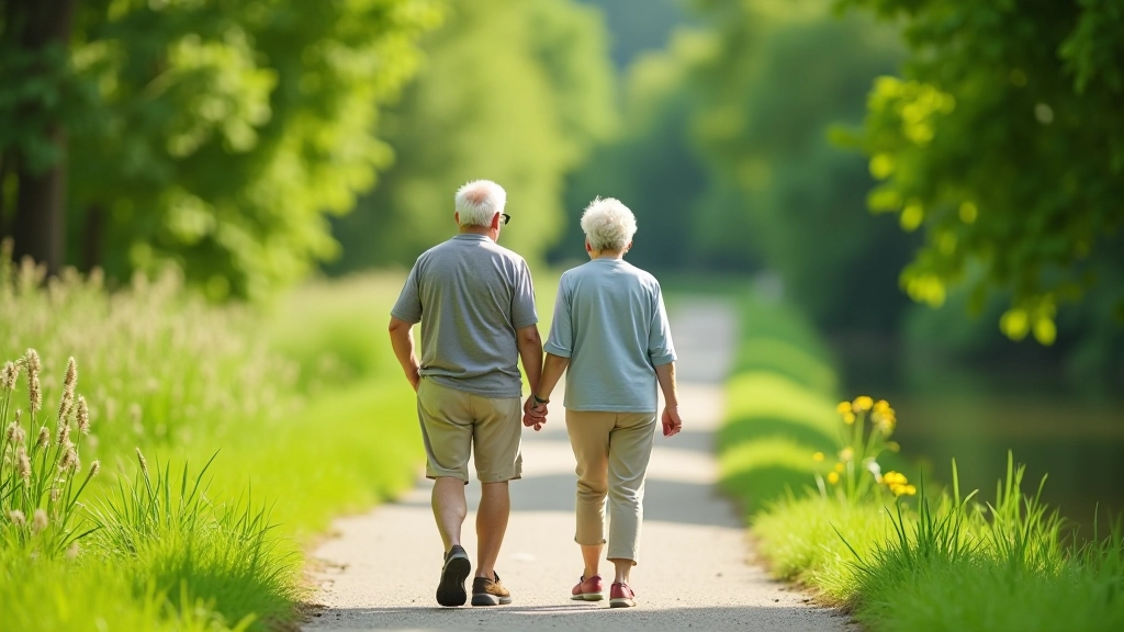 Senior para spacerująca wzdłuż pięknej ścieżki nadbrzeżnej, zielona roślinność, słoneczny dzień
