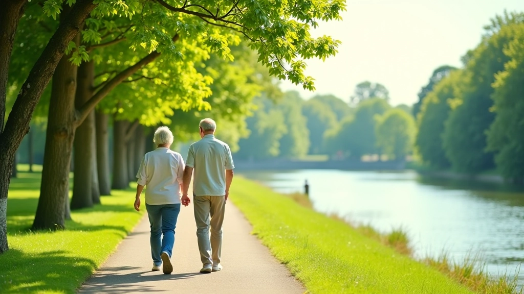 Seniorzy spacerujący wzdłuż pięknej ścieżki nadbrzeżnej nad polską rzeką, zielona przyroda, słoneczny dzień
