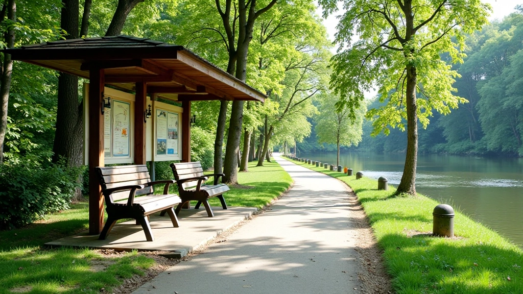 Miejsca odpoczynku nad rzeką z wygodnymi ławkami, zadaszeniami i tableticami informacyjnymi